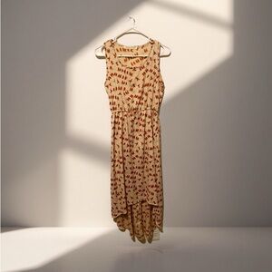 Cream Sleeveless High-Low Dress with Red Bird Motif